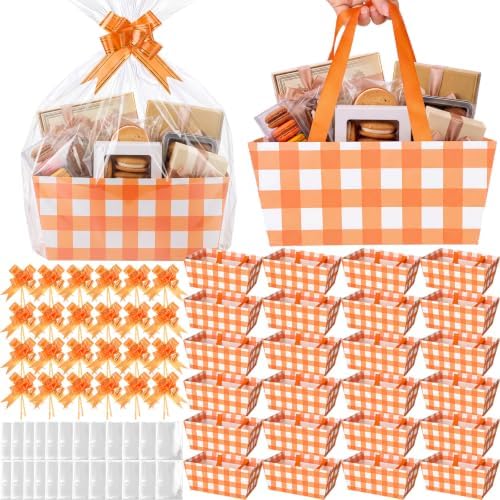Funnymoom 24 Pack Orange Plaid Fall Thanksgiving Basket For Gift Empty Bulk by Funnymoom