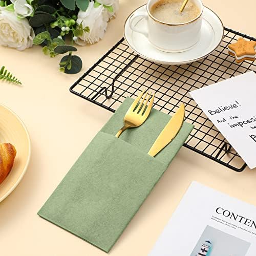 Cindeer 150 Pcs Sage Green Linen Dinner Napkins with Built in Flatware - Image 3