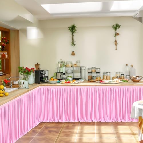 17ft Pink Table Skirt for Rectangle Table Ruffle Table Skirts Desk Skirts Tablecloth Polyester Pleated Fabric Table Skirts Bridal Shower Banquet Wedding Party Table Skirts - Image 4