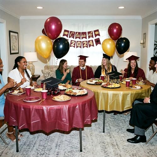 Buryeah 12 Pcs Burgundy and Gold Plastic Table Cloth 84 Inch Maroon and Gold Round Waterproof Disposable Tablecloth Circle Table Covers for Graduation Bridal Wedding Birthday Party - Image 5