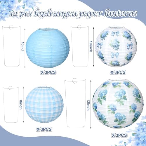 12 Pcs Hydrangea Plaid Paper Lanterns 8" 10" 12" Blue White Floral Chinese Lanterns for Summer Birthday Wedding Baby Shower Garden Tea Party Decorations - Image 3
