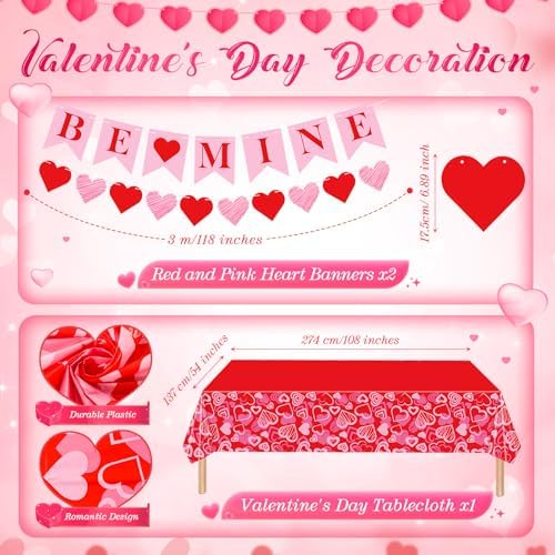 Ziliny 171 Pcs Valentine's Day Party Decorations Serve 24 Red Pink Hearts Paper Plates Napkins Cups Banner Tablecloth Cutlery Valentine Day Anniversary Wedding Baby Shower Party Supplies - Image 4