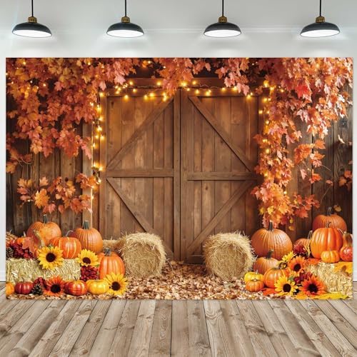 10x8ft Fall Backdrop for Photography Autumn Harvest Farm Barn Wooden Door Pumpkin Maple Leaves Background Thanksgiving Day Baby Shower Birthday Party Decoration Photobooth Banner Props by Felortte