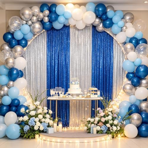 ShinyBeauty Blue and Silver Sequin Backdrop 4 Panels Shimmer Curtains Party - Image 3