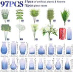 WARMALL Artificial Flowers with Vases, 16 Pcs Blue Bud Vases, & 81 Pcs Artificial Plants DIY Set Suitable for Centerpieces Table Weddings Party Office and Indoor Decor Mini Small Glass Clear - Image 2