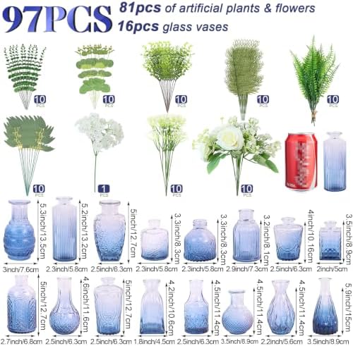 WARMALL Artificial Flowers with Vases, 16 Pcs Blue Bud Vases, & 81 Pcs Artificial Plants DIY Set Suitable for Centerpieces Table Weddings Party Office and Indoor Decor Mini Small Glass Clear - Image 2