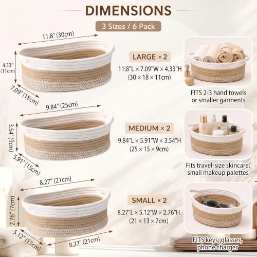 LemonRoad Set of 6 Cotton Rope Storage Baskets for Shelves (3 Sizes) - Image 2