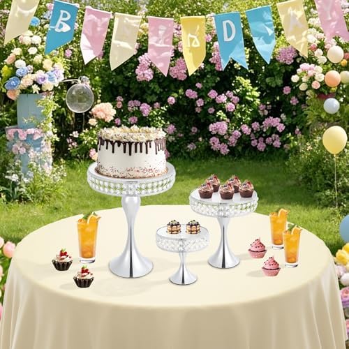 3pcs Round Mirror Cake Stands, Metal Cupcake Display Stand with Crystals, Dessert Pedestal Cupcakes Dessert Cheese Display Plates for Wedding Birthday Party for Baby Shower Home Decor - 15/11/8 Inch Tall (Silver) - Image 3