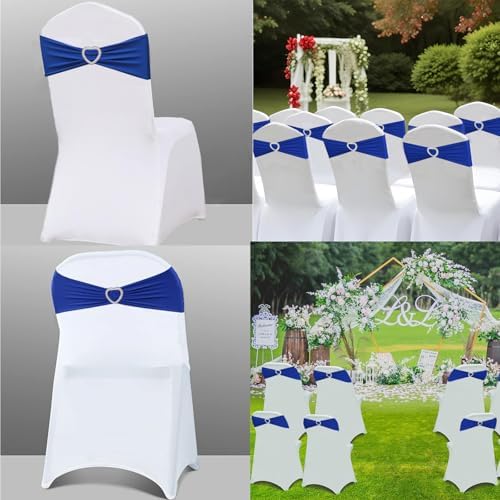 Royal Blue Chair Sashes 50 Pack Spandex Blue Sashes for Chairs Covers Universal Stretch Chair Sashes Band with Heart Buckle Slider Universal Sashes Bows for Wedding Banquet Party Decorations - Image 5