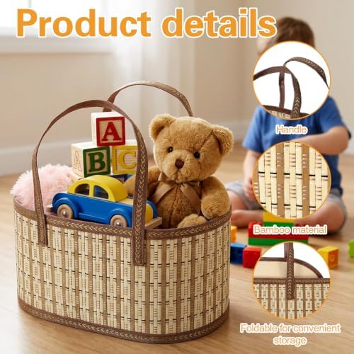 6 Pcs Gift Baskets Empty, Large Foldable Woven Gift Basket Set with Handles, 35x20x15CM Bamboo Baskets for Gifts, 10 Gold Star Gift Bags, for Baby Shower, Mother's Day, Christmas, Housewarming - Image 3