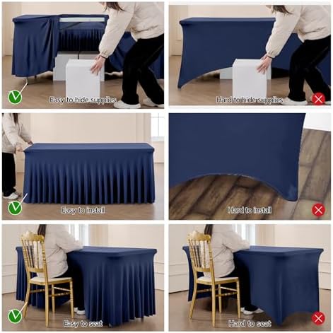 Spandex Tablecloth 8FT Rectangle Table Cover 4 Pcs Navy Blue Wrinkle-Free - Image 4