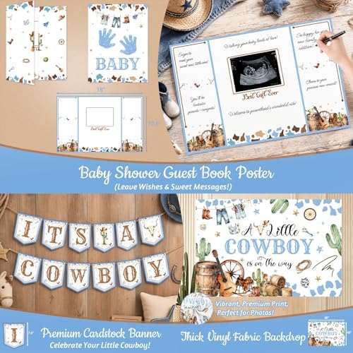 Cowboy Baby Shower Decorations for Boy, A Little Cowboy is on the Way Party Supplies, Western Rodeo Baby Shower Decor, It's a Boy Gender Reveal, Balloon Box Banner Backdrop Stickers Sash Cake Topper - Image 6