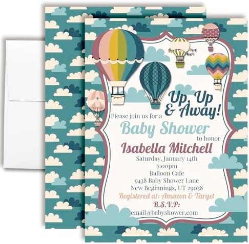 Custom Baby Shower Invites Hot Air Balloon Invitations for Boys or Girls, Pack of 20 5x7 Personalized Up Up and Away Invites with Envelopes - Unique Up & Away Baby Shower Cards by AmandaCreation by AmandaCreation