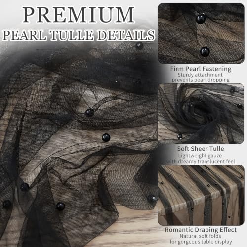 Set of 6 Pearl Table Runner 29 x 120 Inch Tulle Fabric Lace Table Runners for Bridal Shower Birthday Party Wedding Arch Dessert Table Decor(Black) - Image 4
