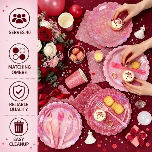 Pink Iridescent Party Tableware for 40 Guests, Holographic Paper Plates - Image 4
