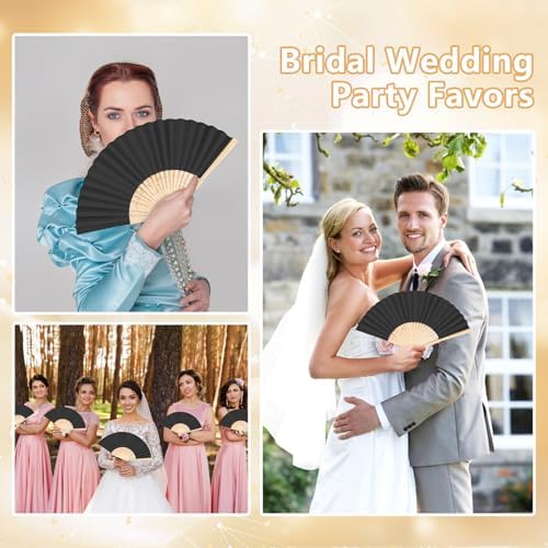 50Set Wedding Hand Fans Party Favors Black Paper Folding Handheld Fans Bulk, DIY Bamboo Fans with Thank Tag Organza Bag for Summer Guests Bridal Dancing Props Church Decoation - Image 7