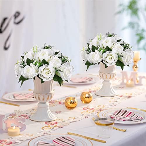 Sziqiqi Faux Silk Roses Artificial Flower Centrepieces, White, 10Pcs - Image 2