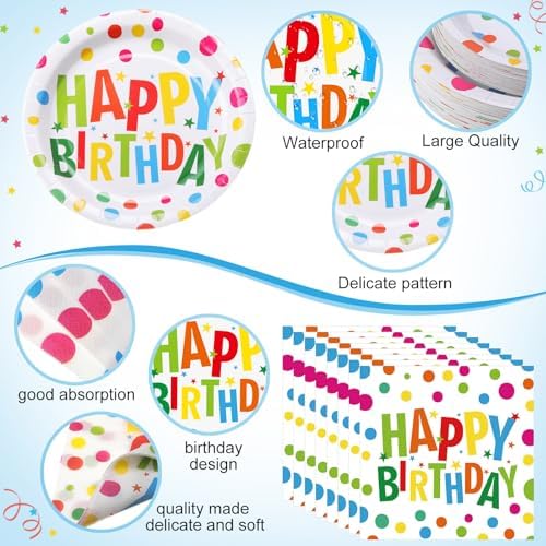 Pickmesh 400 Pcs Polka Dots Happy Birthday Plates and Napkins Set - Image 2