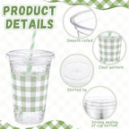 Funnymoom 50 Sets 20 oz Sage Green Gingham Plastic Cups with Lids & Straws - Image 3
