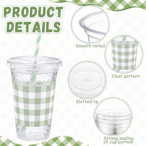 Funnymoom 50 Sets 20 oz Sage Green Gingham Plastic Cups with Lids & Straws - Image 3