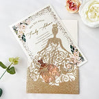 5.12 x7.28 inch 50PCS Gold Glitter Quinceanera Invitations Kit Laser Cut Hollow Girl Princess Pocket with Envelopes Invitations for Quinceanera Bridal Shower Invite - Image 4