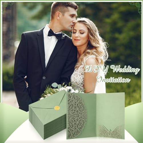 100 Set 5 x 7 Laser Cut Wedding Invitations, Sage Green - Image 5