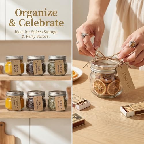 8 oz Mason Jars with Airtight Silver Lids - 30 Pack Small Glass Jars Set with Labels, Twine & Mesh Bags - Wide Mouth Canning Jars for Party Favors, Baby Shower, Wedding & Bulk Crafts - Image 3