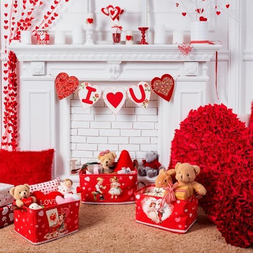 CHENGU 6 Pack Valentine's Day Storage Basket Vintage Valentine's Day Basket for Gift Collapsible Red Heart Holiday Decor Retro Large Bin Foldable Waterproof Box with Handle for Bedroom Laundry Nursery - Image 2