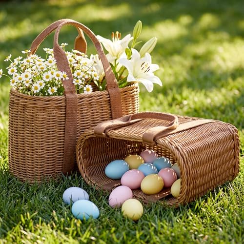 2 Pcs Large Wicker Basket with Handle Empty Woven Gift Basket for Gifts Summer Beach Party Spring Picnic Rattan Goodie Stuffer Candy Storage Wedding Home, 11.4 x 7.9 x 5.9 Inch - Image 3