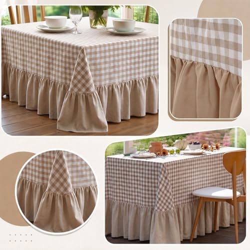 Moukeren 120"x60" Ruffled Tablecloth Table Cover, Khaki White, Gingham - Image 5