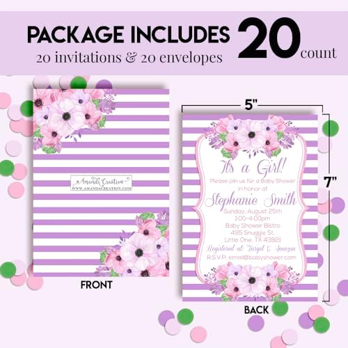 Custom Baby Shower Invites Pink and Purple Flower Baby Shower Invitation 20 5x7 Custom Personalized Floral Shower Invites With Envelopes - Unique Pink and Purple Floral Theme - Image 4