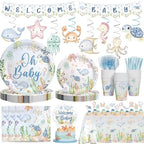 Hombae Sea You Soon Baby Shower Decorations – 177 PCs Under the Sea Baby Shower Party Supplies with Plates Hanging Swirls Banner Tablecloth Cake Topper Cupcake Toppers Cups Forks Straws Napkins by Hombae