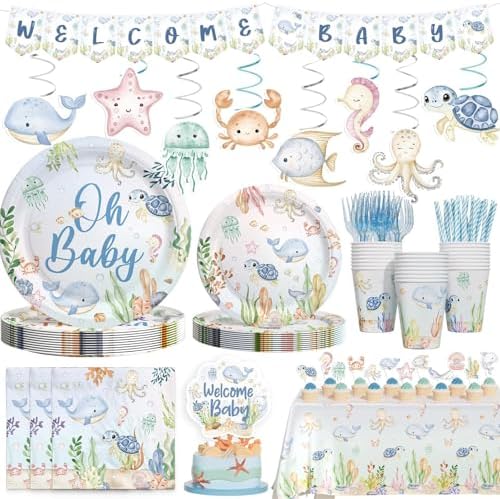 Hombae Sea You Soon Baby Shower Decorations – 177 PCs Under the Sea Baby Shower Party Supplies with Plates Hanging Swirls Banner Tablecloth Cake Topper Cupcake Toppers Cups Forks Straws Napkins by Hombae