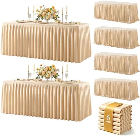 Dark Champagne Polyester Table Cloths for Rectangle 6 Foot Tables, 6 Pack Wrinkle Free Tablecloths Stretchy Banquet Ruffle Fitted Table Cover Desk Skirt for Parties Wedding Birthday Baby Shower by Unknown