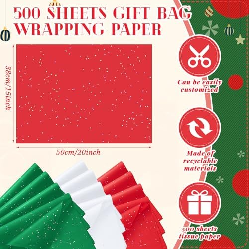 500 Sheets Red White Green Glitter Tissue Paper 15x20 Inch for Christmas - Image 3