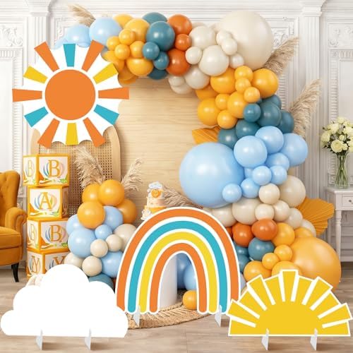 4 Pcs Here Comes the Son Baby Shower Decoration, Large Sun Cloud Rainbow Cardboard Cutouts Props, Retro Sunshine Themed Standups for Photo Booth & Boy First Birthday Decor by Unknown