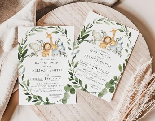 Wild One Baby Shower Invitation Set - Jungle Safari Greenery Animals Theme - Invites & Envelopes, Diaper Raffle Tickets, Book Request Cards - Gender Reveal Party Supplies, Personalized Large 5X7" - Image 3