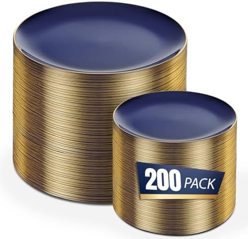 bUCLA 200PCS Blue Plastic Plates - Navy Blue Disposable with Gold Rim Include 100 Each (10 inch Dinner & 7 inch Dessert) Plates, Ideal for Party & Labor Day by BUCLA