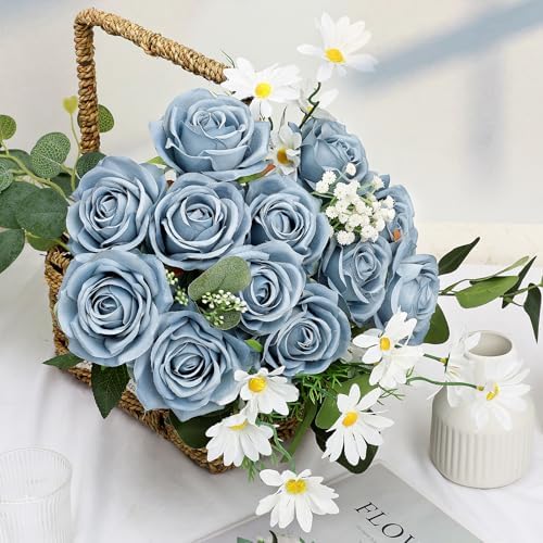 48 PCS Dusty Blue Roses Artificial Flowers, Silk - Image 5