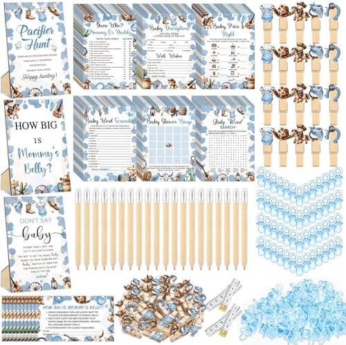 Sherr 476 Pcs Blue Cowboy Baby Shower Game, 9 Styles Baby Shower Activities by Sherr