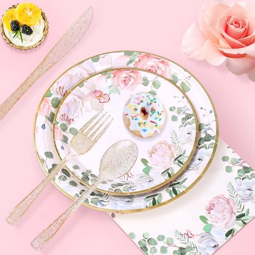 350 PCS Floral Plates and Napkins Party Supplies Serve 50 Flower Disposable Paper Dinnerware Sets for Adults Bridal Shower Decorations Baby Shower Birthday Wedding Engagement Tea - Image 3