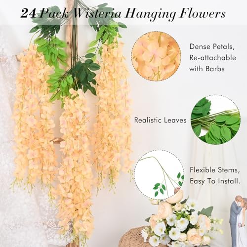 Waipfaru 24 Pack Wisteria Hanging Flowers, 3.6 Feet Champagne Wisteria Artificial Flowers, Artificial Fake Flower Garland, Hanging Vines for Bedroom Wedding Home Party Wall Decor (Champagne, 24pcs) - Image 2