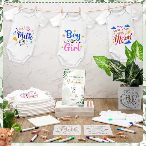 Panitay 126 Pcs Baby Shower DIY Bodysuit Set Bib 25 Blank White Newborn Bodysuit 25 Stencils 24 Marker 1 Sign 50 Pins(Greenery) - Image 2