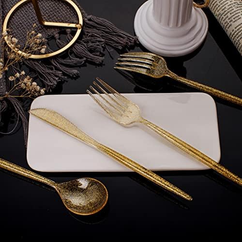 Supernal 180pcs Gold Glitter Plastic Silverware Set, Disposable Cutlery - Image 6
