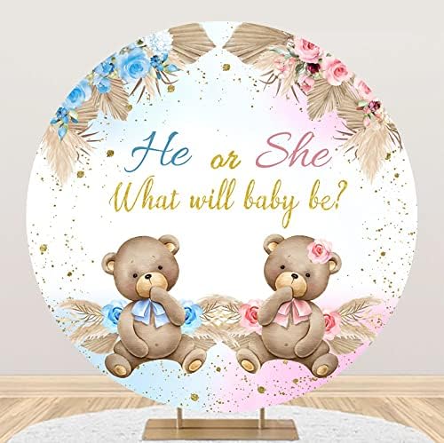 AOFOTO 7x7ft Bear Round Backdrop Cover Cute Bear Floral Printed Photography Background He or She What Will Baby Be Blue Pink Circle Arch Backdrop Banner Gender Reveal Baby Shower Party Supplies by AOFOTO