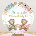 AOFOTO 7.5x7.5ft Bear Round Backdrop Cover Cute Bear Floral Printed Photography Background He or She What Will Baby Be Blue Pink Circle Arch Backdrop Banner Gender Reveal Baby Shower Party Supplies by AOFOTO