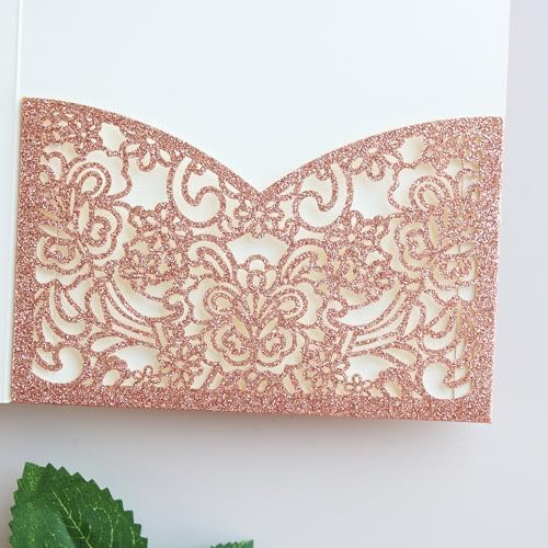 Hosmsua 50PCS Rose Gold Glitter Laser Cut Invitation Pocket, 5.12 x 7.2 Trifold Lace Floral Wedding Invitation Pockets with Envelopes for Wedding Bridal Shower Quinceanera Invite (No Inner Sheet) - Image 7