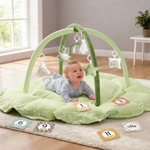 5-in-1 Thick & Plush Baby Play Gym, Baby Play Mats for Floor, Tummy Time Mat with 6 Toys, Convertible Stage-Based Developmental from Babies to Toddlers, Ball Pit, Green by MF