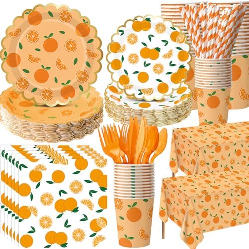 Ceenna 452 Pcs Orange Theme Party Supplies for 50, Little Cutie Is on the Way Paper Plates Napkins Cups Tablecloth Cutlery Straw Disposable Tableware for Summer Birthday Baby Shower Party Decoration by Ceenna