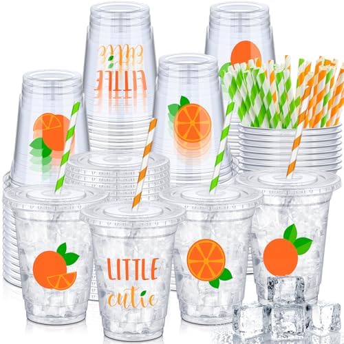 meekoo 100 Set 12 oz Little Cutie Baby Shower Decoration Cups Clear Disposable Orange Party Plastic Cups with Paper Straws and Lids for Birthday Baby Shower Drinkware Party Favors by meekoo